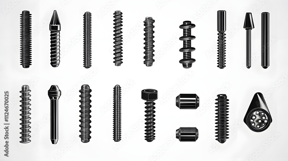 Artistic Black and White Outline Collection of Various Screw Icons for Graphic Resource Utilization Artistic Black and White Outline Collection of Various Screw Icons for Graphic Resource Utilization