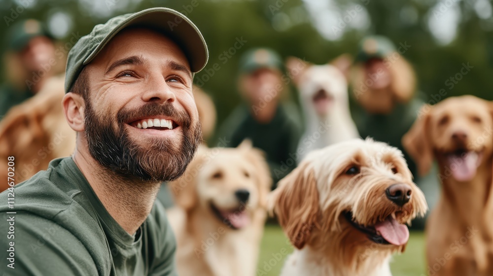 A joyful man in a green outfit smiles among several happy, fluffy dogs in an outdoor park setting, creating a serene and cheerful atmosphere while bonding with pets. A joyful man in a green outfit smiles among several happy, fluffy dogs in an outdoor park setting, creating a serene and cheerful atmosphere while bonding with pets.