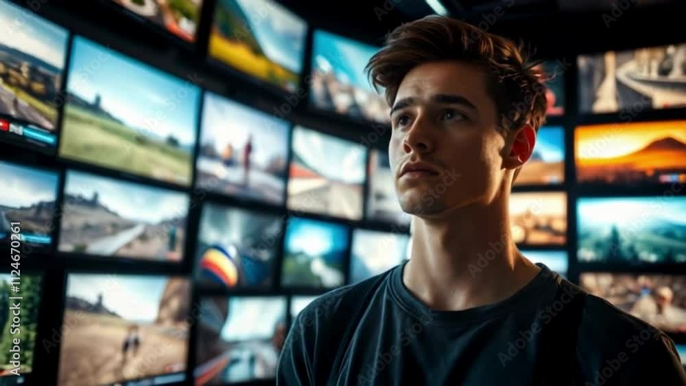 young man standing in front of the wall made of tv screens with different videos playing young man standing in front of the wall made of tv screens with different videos playing