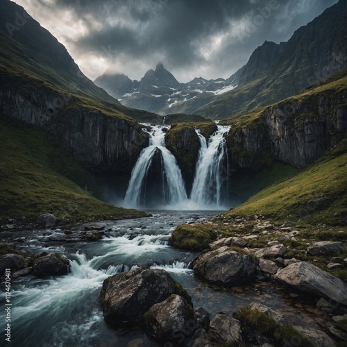 A dramatic mountain scene with waterfalls cascading into a valley.