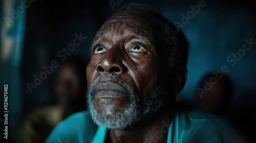 An elderly man with a gray beard gazes upwards, surrounded by soft lighting that accentuates his thoughtful expression and furrowed brow.