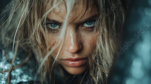 A captivating portrait of a fierce woman with wet blonde hair and piercing blue eyes, exuding determination and strength with a focused upward gaze. photo