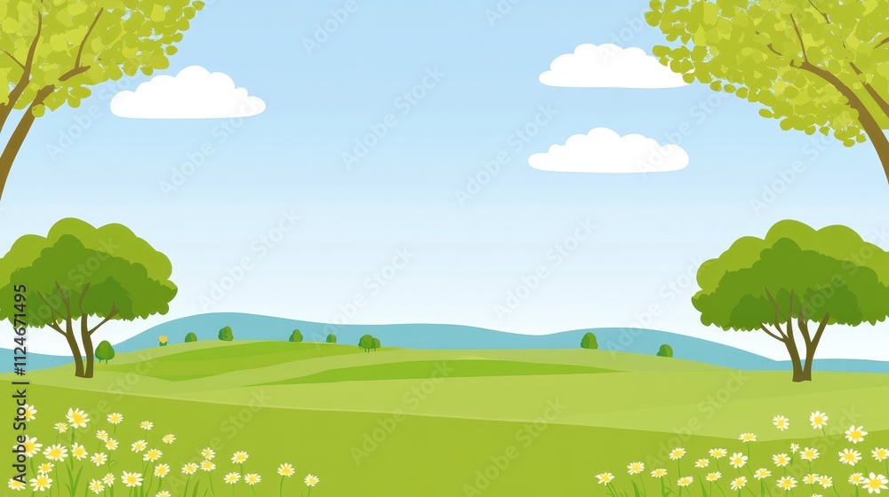 Spring Meadow Landscape Green Hills Trees Daisies Blue Sky Spring Meadow Landscape Green Hills Trees Daisies Blue Sky