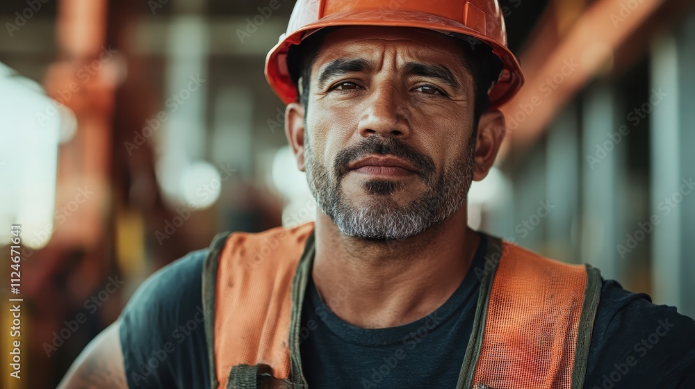 A man with a seasoned look poses confidently while wearing an orange vest and helmet, highlighting professionalism and experience in a bustling construction environment. A man with a seasoned look poses confidently while wearing an orange vest and helmet, highlighting professionalism and experience in a bustling construction environment.