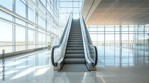 An empty escalator in an airport terminal with large windows.