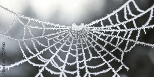 A frost-covered spiderweb sparkling with ice droplets in the soft dawn light, space for text. photo