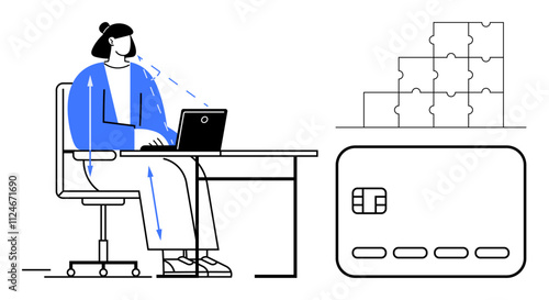 Individual wears virtual reality headset while sitting at desk with laptop, illustrating VR use. Puzzle pieces stack and credit card signifies online transactions. Ideal for technology, virtual