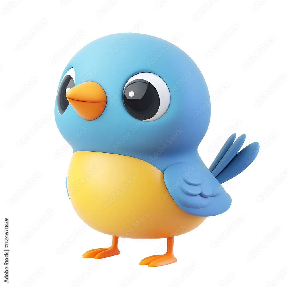 Obraz premium Adorable Blue Cartoon Bird Character in 3D Rendered Minimal Style on White Background