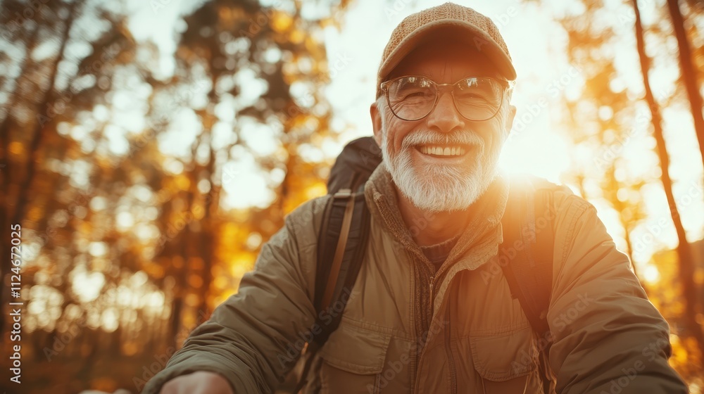 An elderly man smiles brightly while hiking through the woods at sunset, capturing the essence of joy, adventure, and the beauty of nature's golden light in the wilderness. An elderly man smiles brightly while hiking through the woods at sunset, capturing the essence of joy, adventure, and the beauty of nature's golden light in the wilderness.