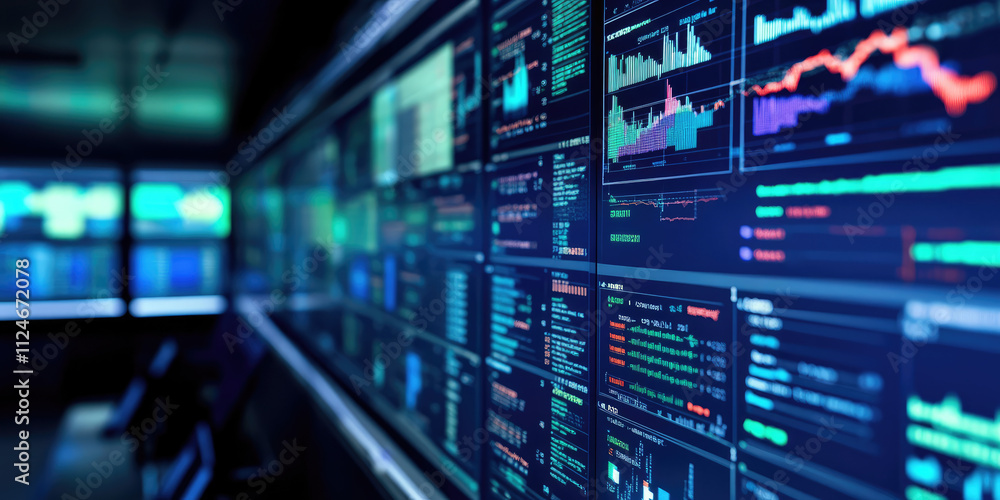 Digital analytics data on computer screen, financial schedule, monitor with graphs Digital analytics data on computer screen, financial schedule, monitor with graphs