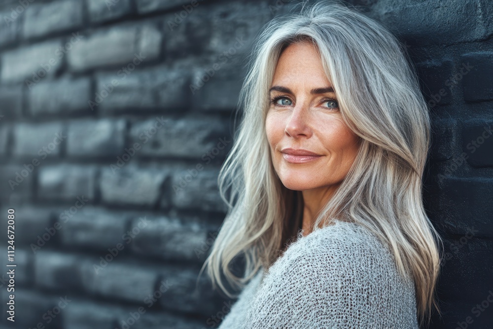 Woman with long gray hair smiles against a textured black brick wall in natural light Woman with long gray hair smiles against a textured black brick wall in natural light