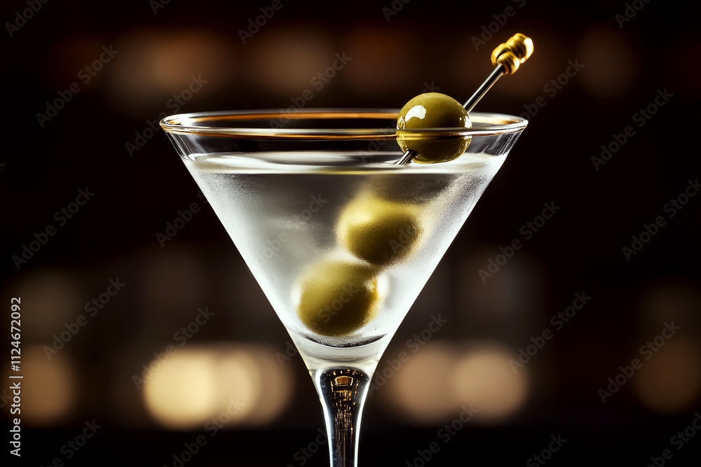 A clear glass holds a martini with olives on a stick against a dark background. Concept of elegance, nightlife, and sophistication. For cocktail hour ideas. A clear glass holds a martini with olives on a stick against a dark background. Concept of elegance, nightlife, and sophistication. For cocktail hour ideas.
