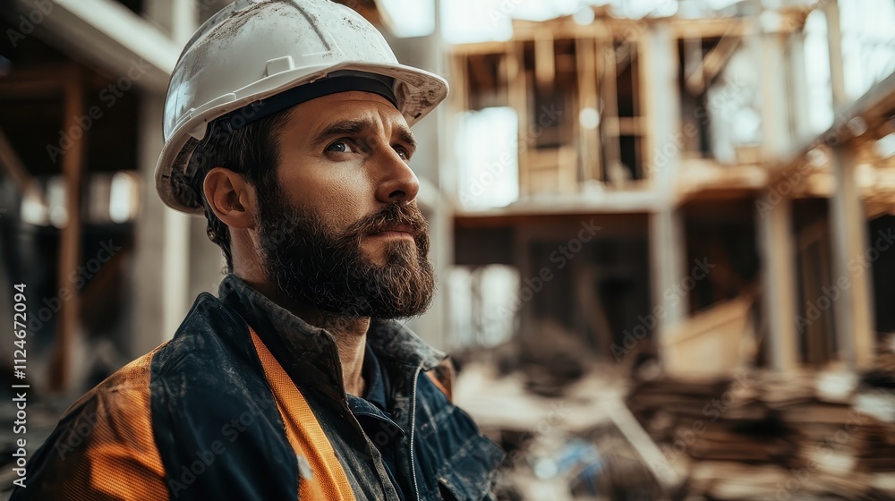 A construction worker wearing a hard hat stands thoughtfully on a building site, seemingly immersed in planning a significant construction project with calm focus. A construction worker wearing a hard hat stands thoughtfully on a building site, seemingly immersed in planning a significant construction project with calm focus.