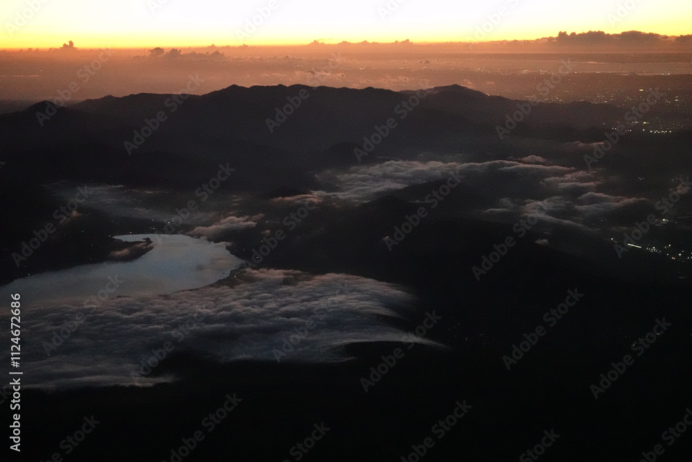 Mt.Fuji, Hiking sunrise from summit viewing Tanzawa mountain range and lake yamanakako Mt.Fuji, Hiking sunrise from summit viewing Tanzawa mountain range and lake yamanakako