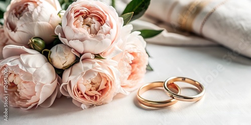 Fototapeta Naklejka Na Ścianę i Meble -  Elegant pastel wedding rings beside a bouquet of soft pink peonies on a delicate table setting generated  AI
