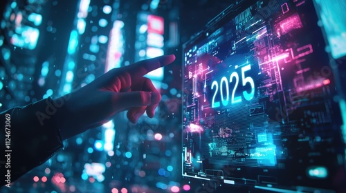 The 2025 New Year business goals concept. Businessman analyzes graph of trend market growth in 2025 and plans business growth and profit increases. calculates financial data for long-term investments 