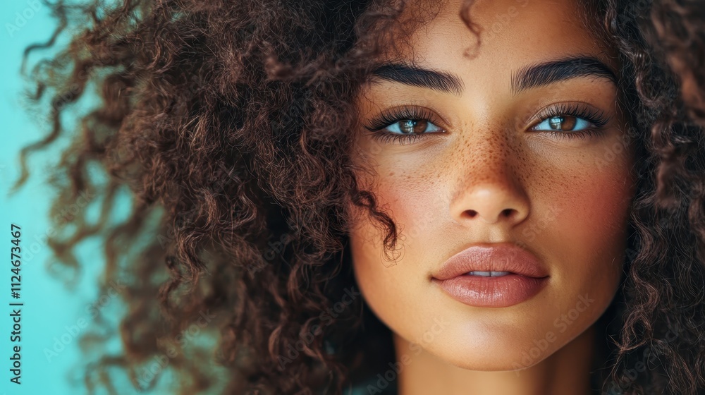 This striking image features a freckled woman with voluminous curly hair and piercing eyes, conveying an aura of confidence and mystery, set against a turquoise backdrop. This striking image features a freckled woman with voluminous curly hair and piercing eyes, conveying an aura of confidence and mystery, set against a turquoise backdrop.