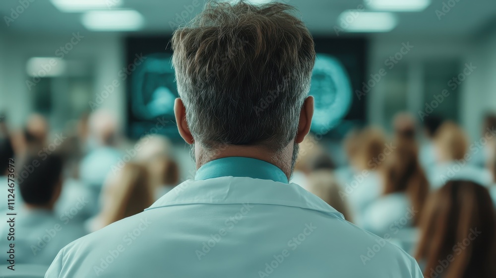 A doctor, centrally positioned, is observing a detailed presentation amid fellow medical professionals in a spacious and modern lecture room setting. A doctor, centrally positioned, is observing a detailed presentation amid fellow medical professionals in a spacious and modern lecture room setting.