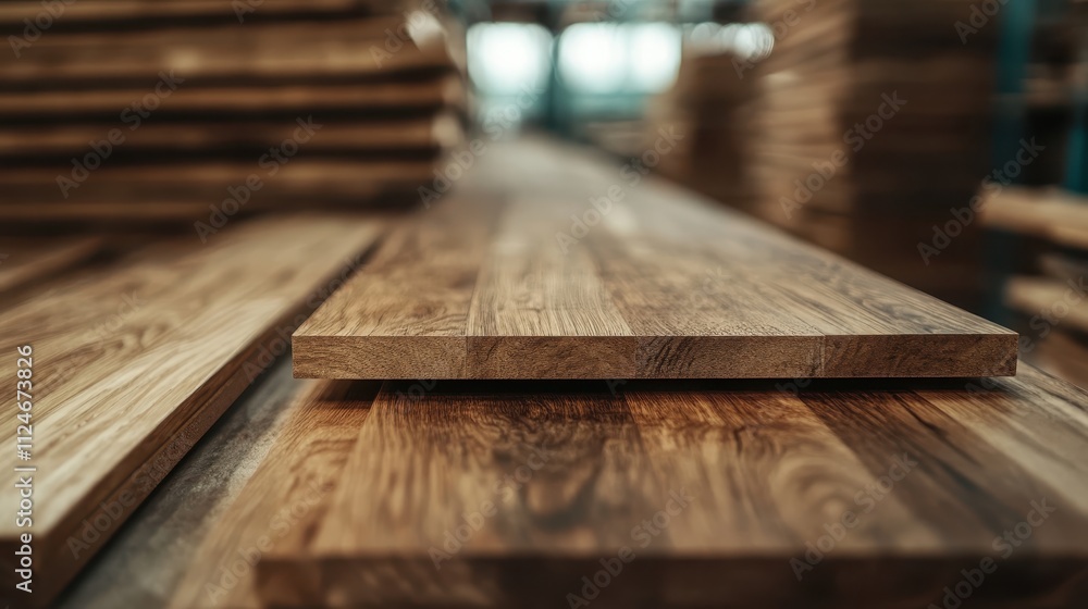 In a detailed close-up, meticulously polished wooden planks are pictured resting atop each other in a tidy arrangement within a bustling woodworking shop environment. In a detailed close-up, meticulously polished wooden planks are pictured resting atop each other in a tidy arrangement within a bustling woodworking shop environment.