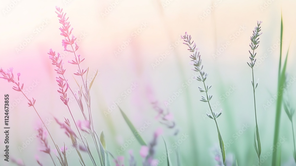 A field of lavender flowers in soft focus with a warm, pink sunset in the background. A field of lavender flowers in soft focus with a warm, pink sunset in the background.