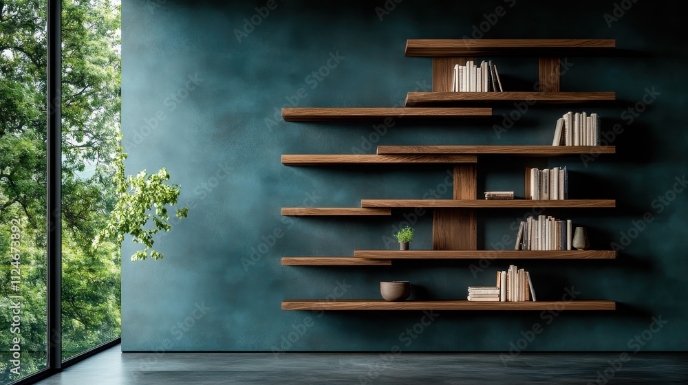 A contemporary bookshelf featuring unique wooden shelves on a textured wall, blending modern design with minimalistic elegance, set against a serene outdoor view. A contemporary bookshelf featuring unique wooden shelves on a textured wall, blending modern design with minimalistic elegance, set against a serene outdoor view.