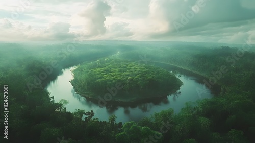 Aerial view of the Amazonas jungle landscape with river bend