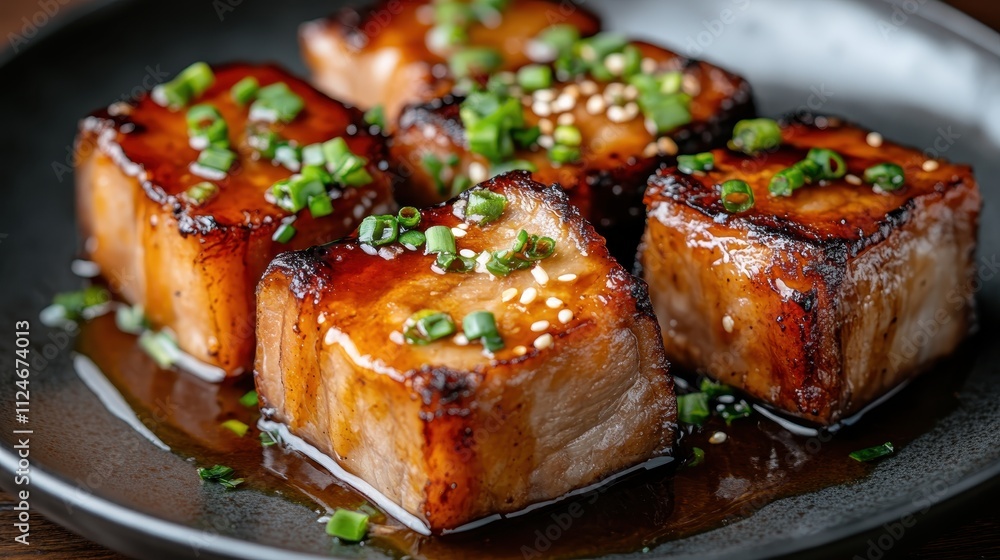 Delicious, juicy cubes of meat, perfectly glazed and served with a garnish of freshly chopped green onions and sesame seeds on a black ceramic dish. Delicious, juicy cubes of meat, perfectly glazed and served with a garnish of freshly chopped green onions and sesame seeds on a black ceramic dish.