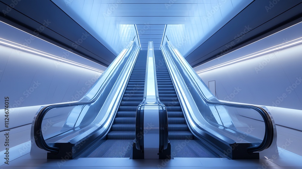 A long escalator in a modern airport terminal, with a bright window at the end. A long escalator in a modern airport terminal, with a bright window at the end.