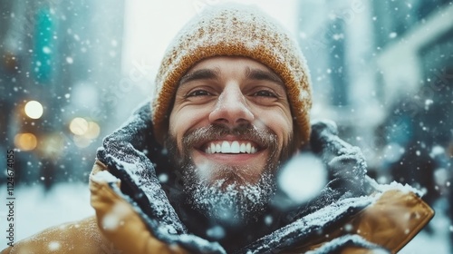 A warmly dressed man with a smile amidst falling snow in a lively city, perfectly conveys the essence of winter joy, warmth, and urban vibrancy.