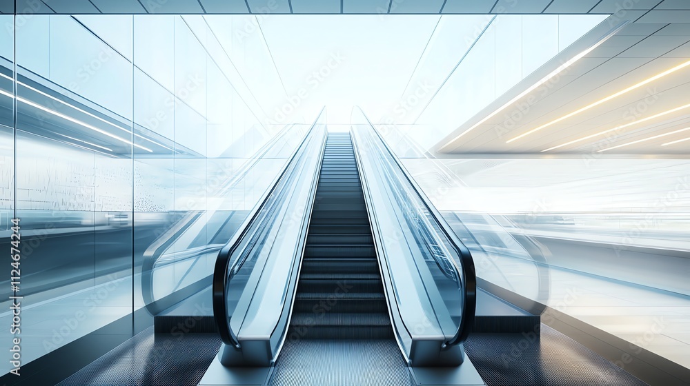 Fototapeta premium A modern escalator in a bright, glass-walled building.