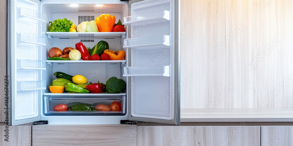 Open refrigerator with healthy food, vegetables and fruits in kitchen interior. Healthy proper nutrition Open refrigerator with healthy food, vegetables and fruits in kitchen interior. Healthy proper nutrition