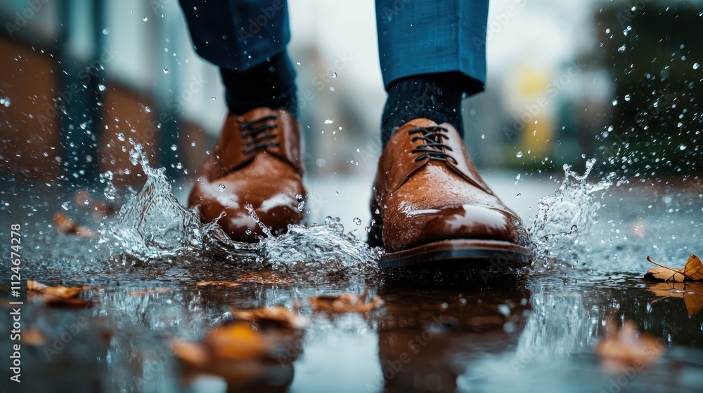 A dynamic and expressive image capturing a pair of polished brown leather shoes stepping confidently through puddles on an autumn sidewalk amid fallen leaves. A dynamic and expressive image capturing a pair of polished brown leather shoes stepping confidently through puddles on an autumn sidewalk amid fallen leaves.