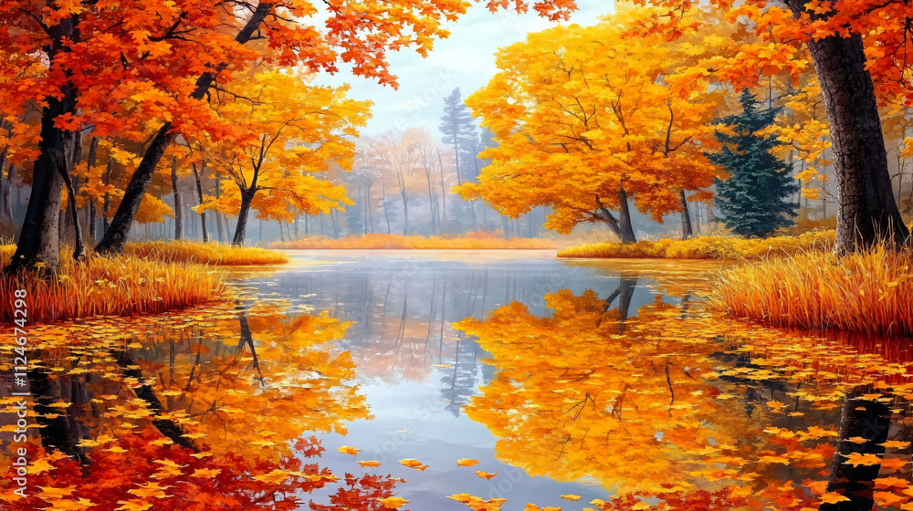 A serene pond surrounded by autumn trees with bright yellow and orange leaves, creating a perfect reflection in the still water. A serene pond surrounded by autumn trees with bright yellow and orange leaves, creating a perfect reflection in the still water.