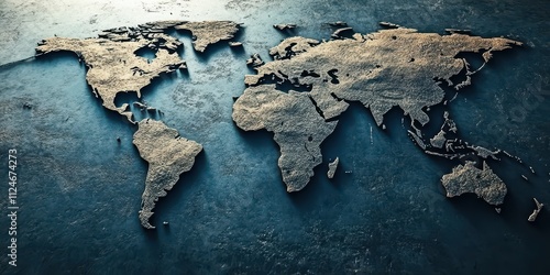 High-resolution digital world map with clean lines and ocean details, upper half for text.