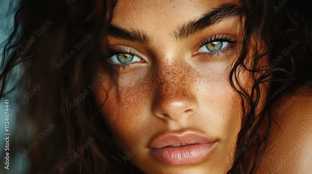 A detailed close-up image of a woman with an intriguing expression, her deep eyes and freckled skin enriched by intricate details and artistic lighting backdrop. A detailed close-up image of a woman with an intriguing expression, her deep eyes and freckled skin enriched by intricate details and artistic lighting backdrop.