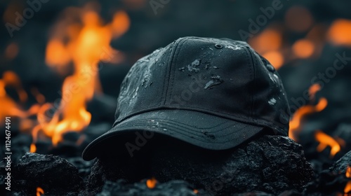 A baseball cap sits atop dark, smoldering cinders as bright flames flicker in the background, evoking a sense of battle and endurance against fiery odds. photo