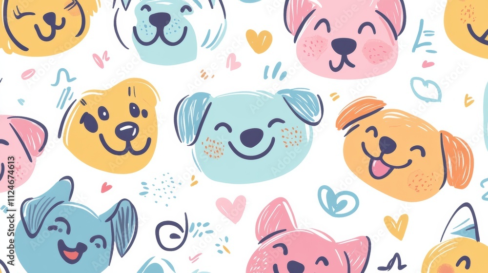 Fototapeta premium This cheerful doodle pattern showcases a variety of colorful dog faces, perfect for animal lovers. Ideal for creative projects and more. Generative AI