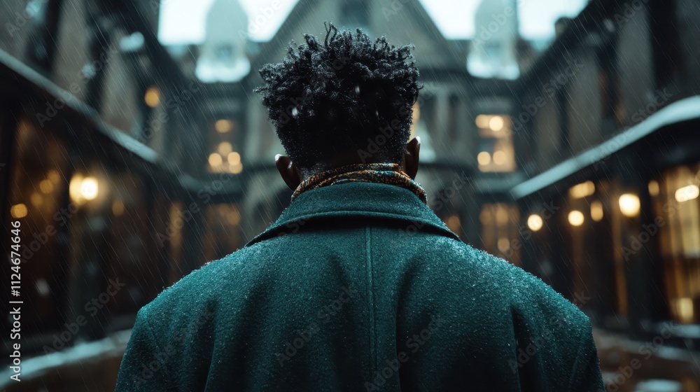 A man with textured hair stands with his back turned, dressed in a heavy coat, surrounded by rain in a historic, dimly-lit building courtyard at night. A man with textured hair stands with his back turned, dressed in a heavy coat, surrounded by rain in a historic, dimly-lit building courtyard at night.