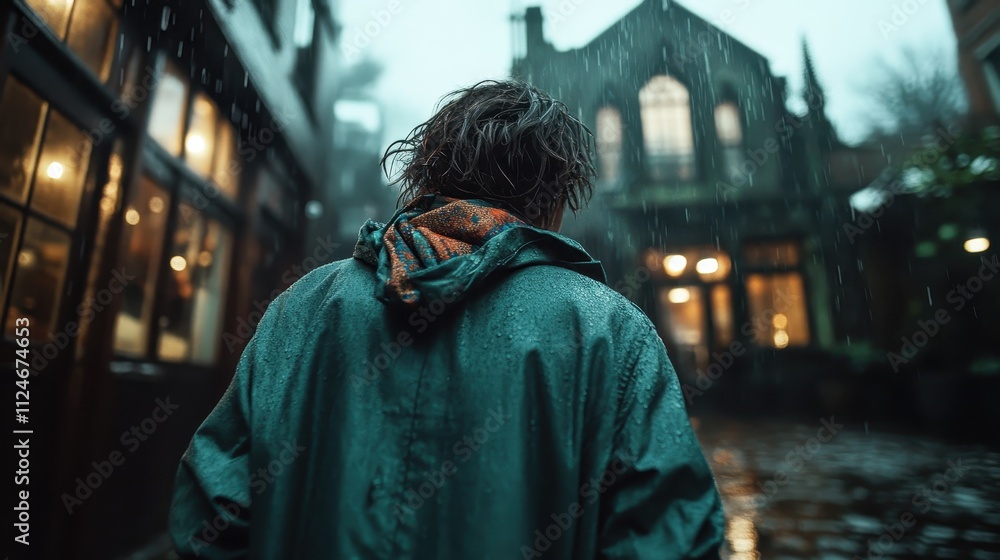 A person in a rain-soaked environment, wearing a hoodie. The atmospheric setting is emphasized by dim lights and a moody, mysterious atmosphere. A person in a rain-soaked environment, wearing a hoodie. The atmospheric setting is emphasized by dim lights and a moody, mysterious atmosphere.