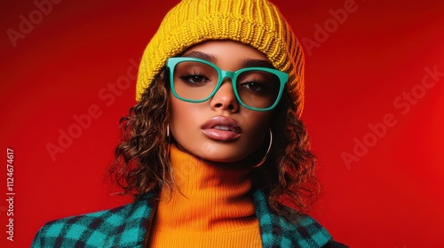 A fashionable woman wearing a yellow hat and teal glasses stands against a bright red background, creating a vibrant and eye-catching fashion statement.