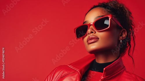 A woman stands confidently in red sunglasses and attire, merging with a red background, offering a bold and fashionable statement. Her aura feels powerful.