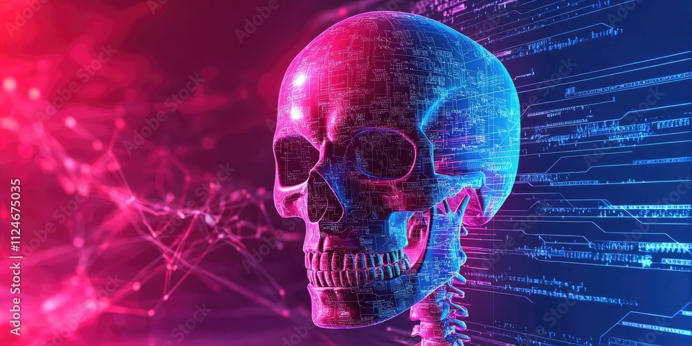 Cybersecurity ransomware concept. Futuristic digital skull design with vibrant colors and dynamic lines representing technology and data. Cybersecurity ransomware concept. Futuristic digital skull design with vibrant colors and dynamic lines representing technology and data.