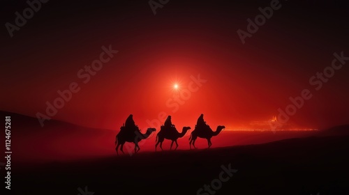 The three magis riding camels across a vast desert, guided by the bright star of Bethlehem, with the city glowing in the distance. photo