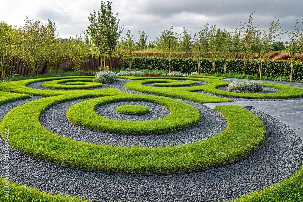 Spiral trimmed hedges in green and gray garden design Spiral trimmed hedges in green and gray garden design