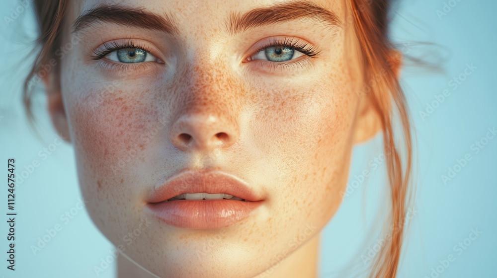 Portrait of a young woman with freckles and blue eyes against a soft background during golden hour Portrait of a young woman with freckles and blue eyes against a soft background during golden hour