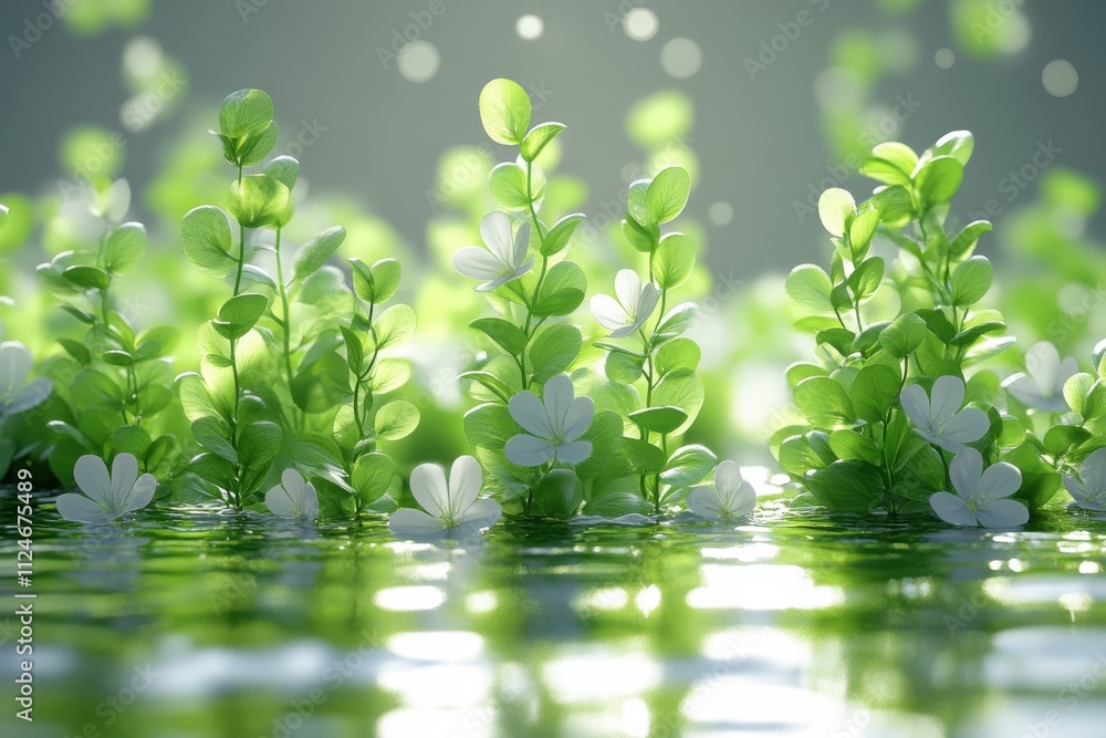 Lush green plants with white flowers reflected in calm water, creating a serene atmosphere. Lush green plants with white flowers reflected in calm water, creating a serene atmosphere.