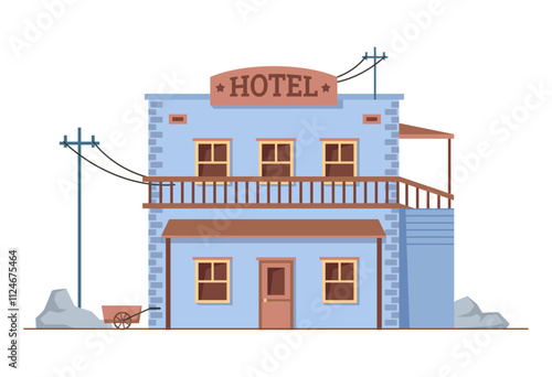 Hotel exterior, isolated building in wild west. Vector flat cartoon facade of house with two stories and balcony. Hostel for visitors of city in western part of America, rustic architecture