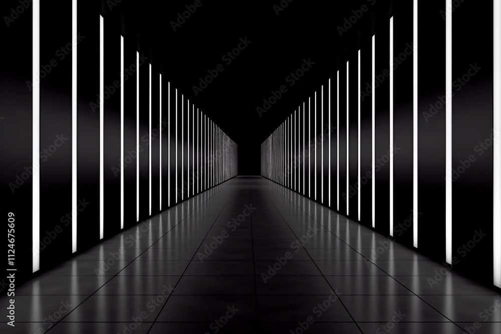 Fototapeta premium An abstract background featuring a black canvas illuminated by a series of soft, glowing lines arranged in a row. The light contrasts beautifully against the darkness, modern and sleek visual effect