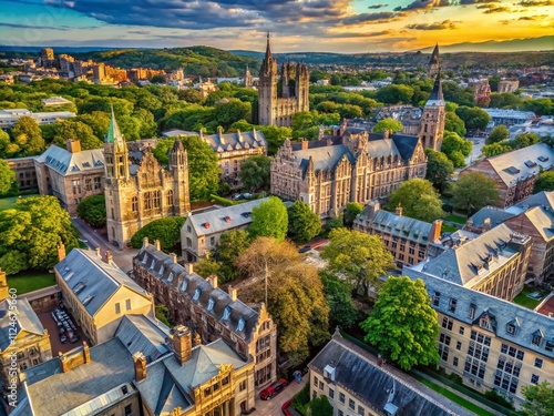 Aerial View of Gothic Stone Buildings at Yale University Surrounded by Lush Greenery and Historic Architecture in New Haven, Connecticut, Capturing the Essence of Ivy League Education photo