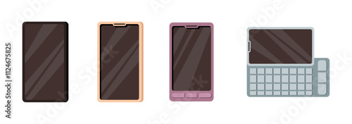 Smartphones with touchscreen and keyboard with small buttons for typing messages. Vector flat cartoon style, isolated cell phone evolution. Modern technologies for communication and talking